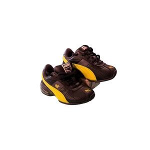 PUMA Sneakers Size 4 Toddler Black Yellow Design, soft foam insoles comfort EUC